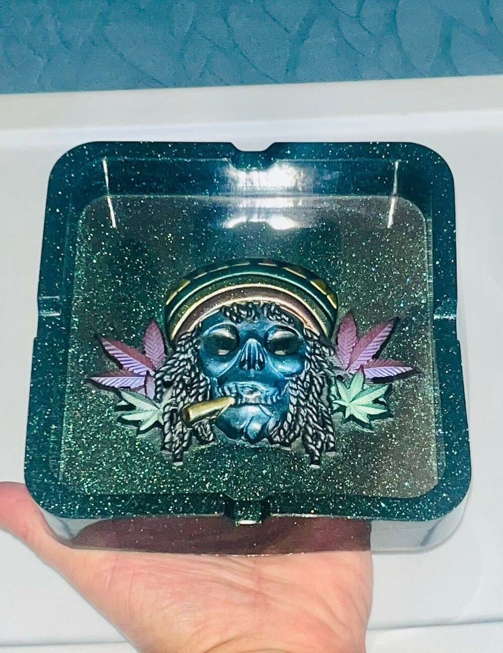 Handmade Colorful Rasta Skull Resin AshTray